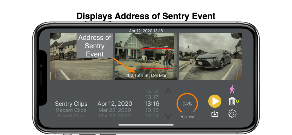 Interface do aplicativo SentryView mostrando feeds do dashcam Tesla e endereço do local do evento sentinela