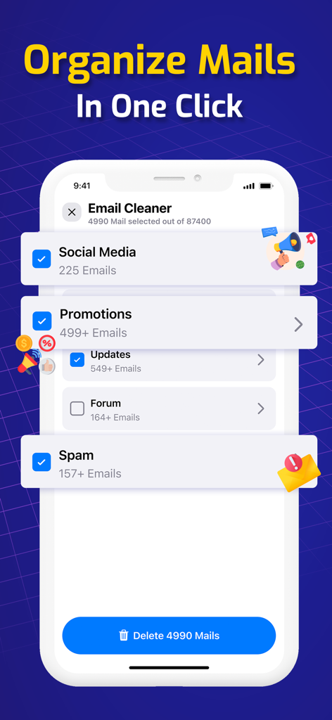 Pantalla del iPhone mostrando la interfaz de limpieza de correo electrónico de ZCleaner con opciones de eliminación masiva para redes sociales y spam