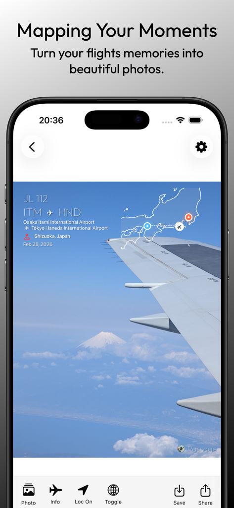 Passage: Mapping Your Moments - Passage app interface showing flight info and route map on a travel photo