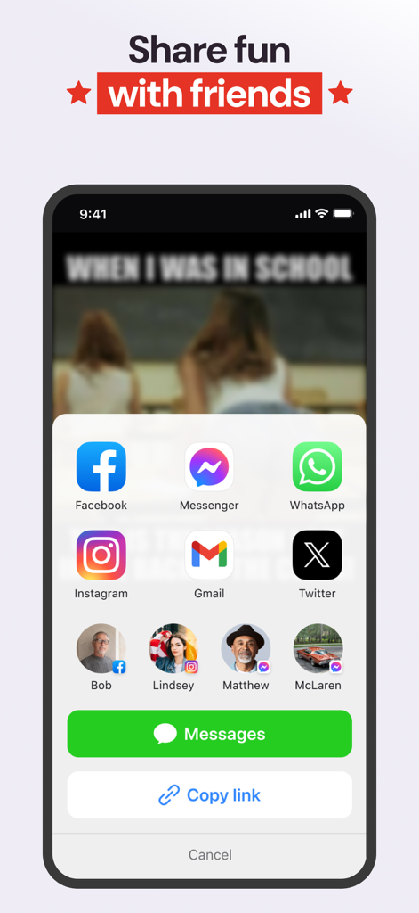 Mobile sharing menu in the ABPV app showing social media icons and contact options to share funny content