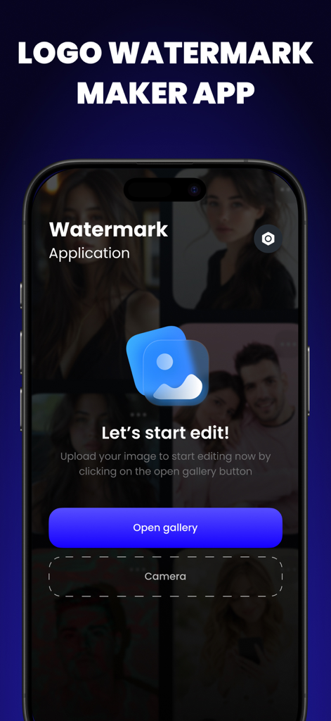 Watermark Maker・Eraser Objects - Pantalla de inicio de la aplicación Marca de agua y Borrador de objetos que muestra botones para abrir la galería y la cámara
