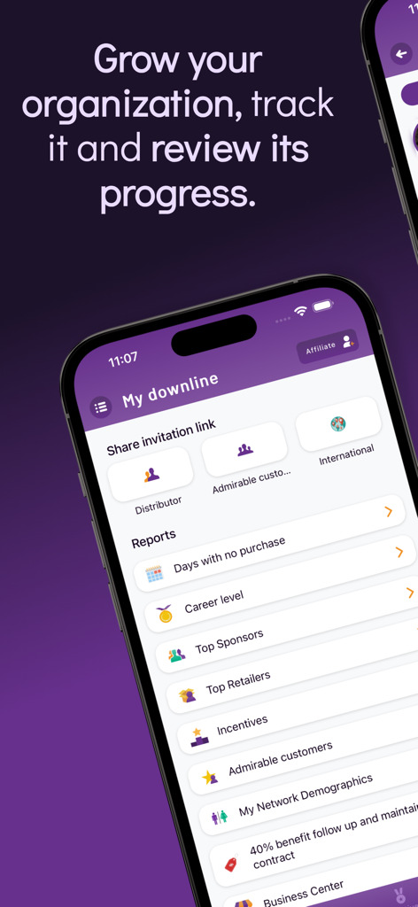 MI OMNINEGOCIO - Interface of the MI OMNINEGOCIO app showing the downline tracking and business reports dashboard.