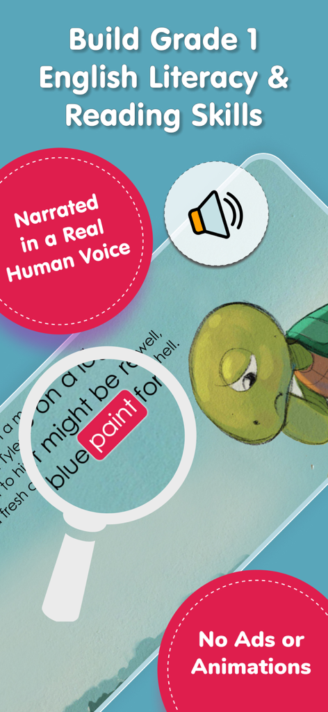 Interface of a first grade reading app showing human voice narration and literacy exercises
