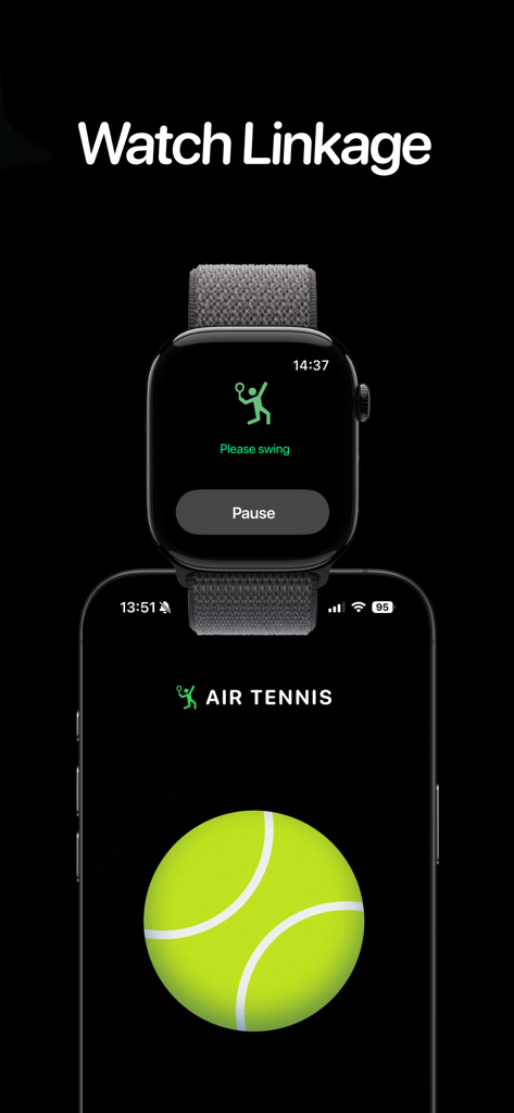 空气网球 - Tennis Swing Simulator - Air Tennis app interface showing Apple Watch and iPhone synchronization for motion sensing and swing simulation