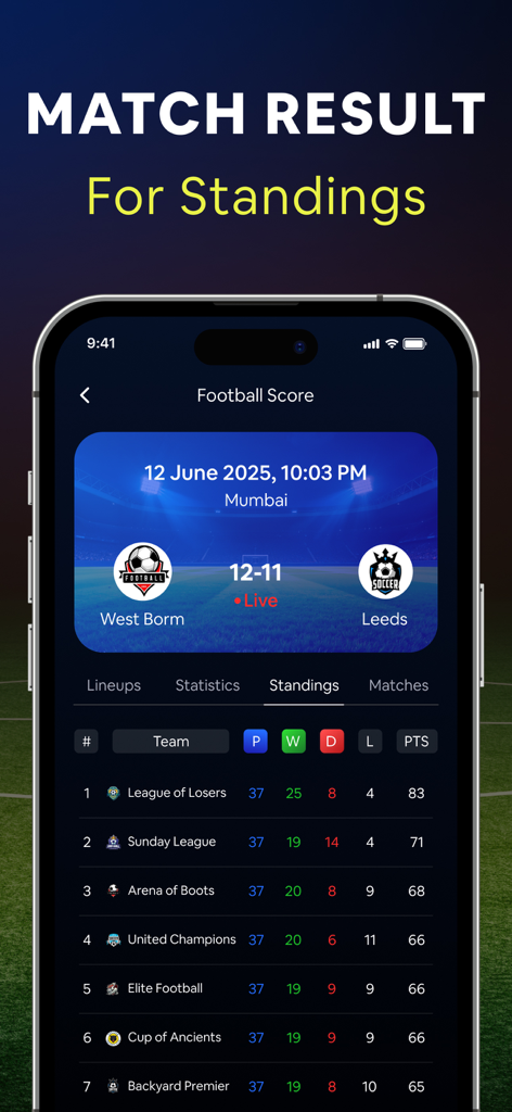 Live Football TV : HD TV Score - Mobile app interface showing a live soccer match result and a detailed league standings table.