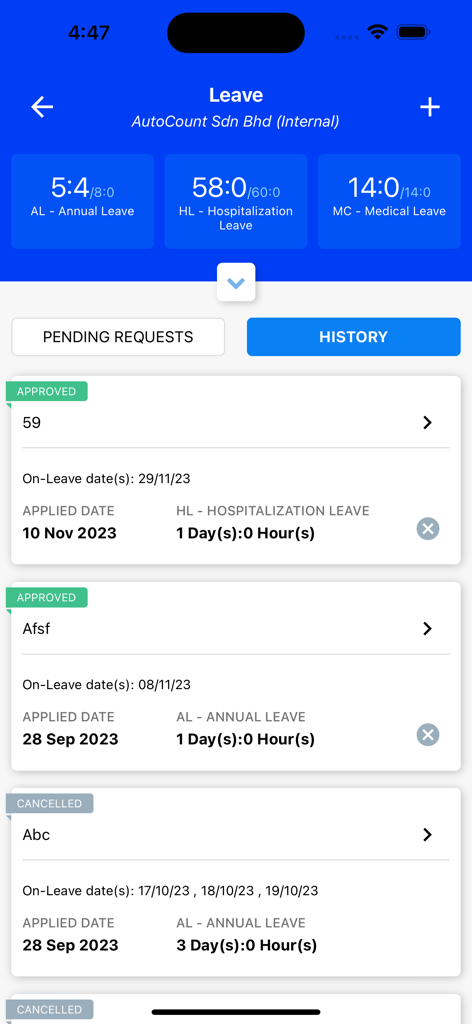 AC Payroll - AC Payroll app interface displaying annual leave balances and a history of approved and cancelled leave requests.