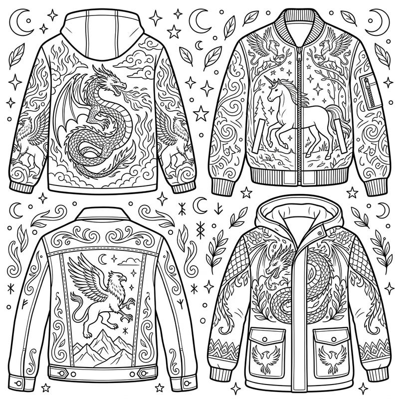 Dive into a world of magic with these unique outerwear coloring pages, featuring majestic dragons, graceful unicorns, and proud griffins. Perfect for teens and adults seeking a creative escape.