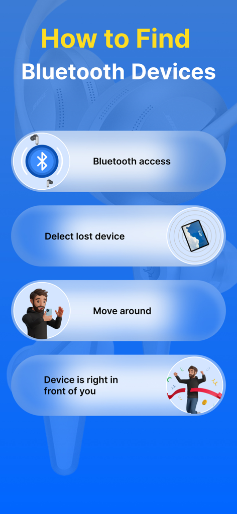 Bluetooth Finder : Ble Scanner - Infographic showing four steps to find lost Bluetooth devices using the app
