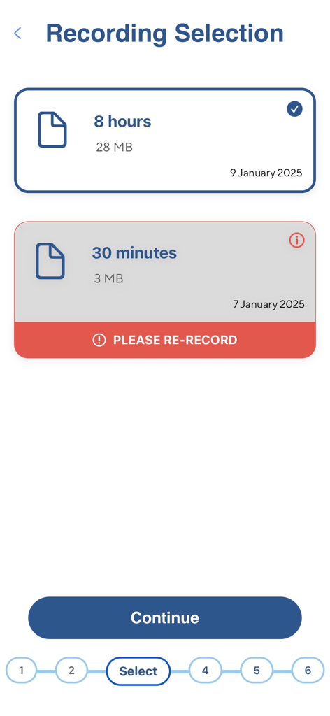 myWaves App - Tela de seleção de gravação mostrando arquivos de dados de sono no aplicativo myWaves.