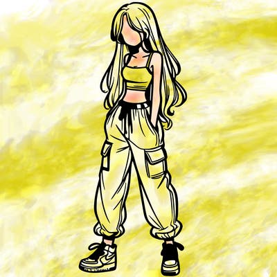 girl in baggy pants crop top and long hair