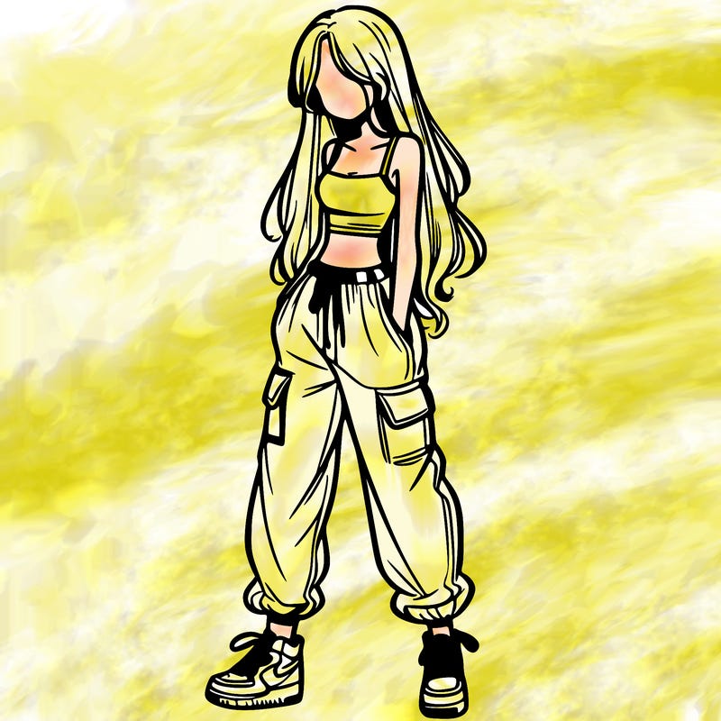 girl in baggy pants crop top and long hair