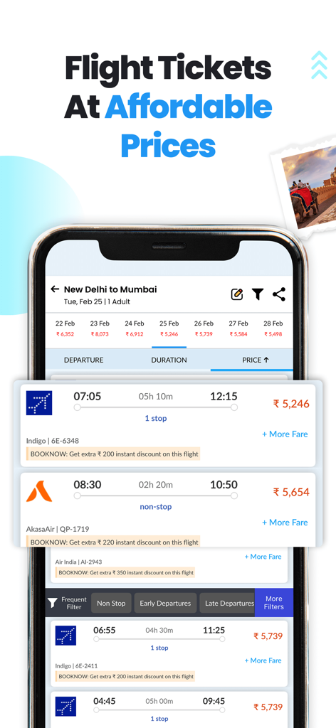 EaseMyTrip mobile app showing flight search results for domestic travel in India with affordable prices