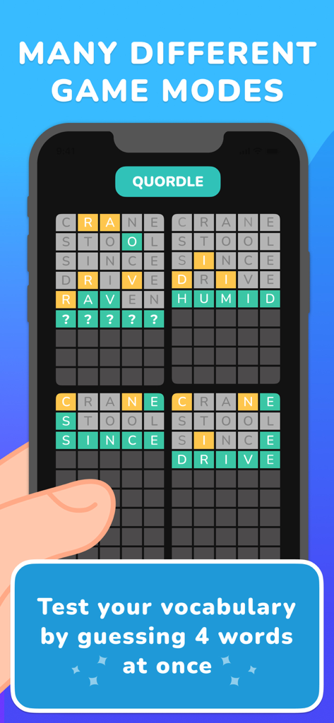 Word Yoga - Unlimited & Daily - Screenshot of Word Yoga app showing the Quordle game mode where a player guesses four words at once