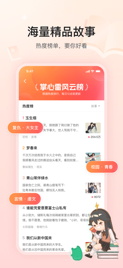 Clasificación de la aplicación Zhangxinlei que muestra una lista de novelas web y historias creativas populares.