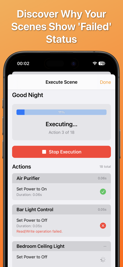 Diagnostic dashboard showing a failed HomeKit scene execution with specific error details for individual devices.