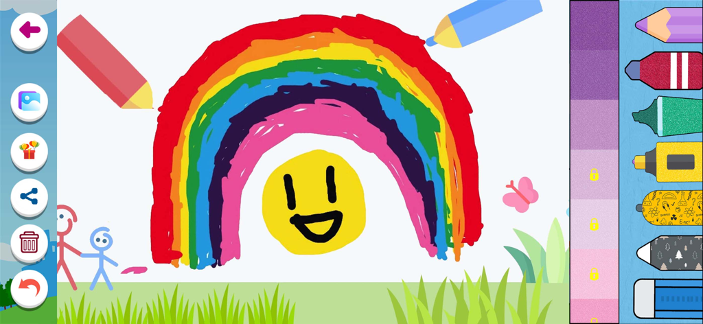 Kids Drawing, Doodle Painting - Eine bunte Regenbog- und Sonnenskizze in der Benutzeroberfläche der Kindermal-App