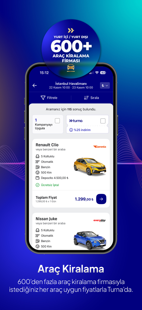 Turna mobile app interface for car rental bookings showing a variety of vehicle options and prices in Turkey