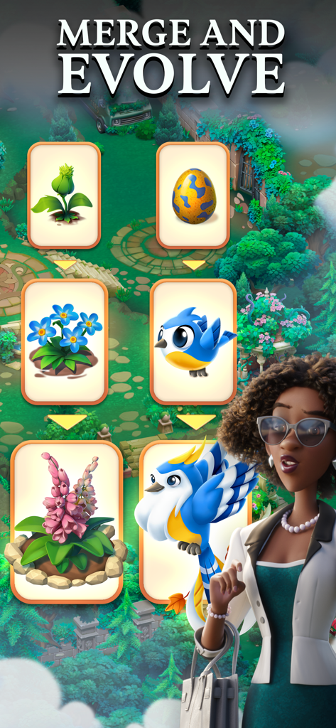 Merge Gardens - Gameplay-Bildschirm, der die Entwicklung von Pflanzen und Vögeln durch Kombinieren in Merge Gardens zeigt.