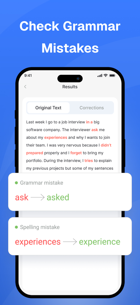 AI Grammar Check: Corrector - AI文法チェックアプリのインターフェースに、提案された修正とともに特定された文法およびスペルエラーが表示されています