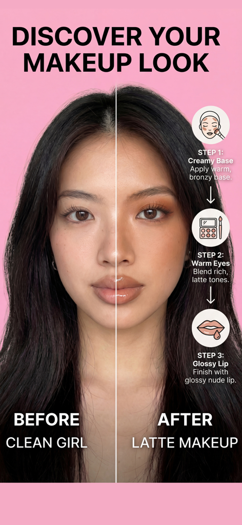 Split screen comparison of a woman before and after applying a latte makeup look with a three step tutorial guide