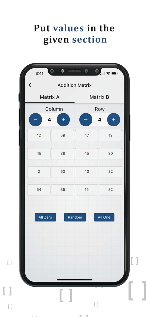 Matrix Calculator Solver - Matrix Calculator Solver app interface showing the input screen for matrix addition with a 4x4 grid of values.
