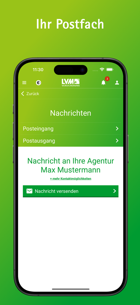 Meine LVM - Meine LVM mobile app messages section showing inbox and agency contact options