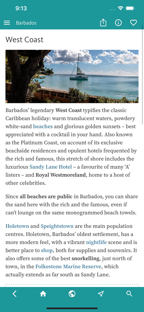 바베이도스 여행 가이드의 서해안 섹션을 보여주는 모바일 앱 화면, 경치 좋은 범선 사진 포함