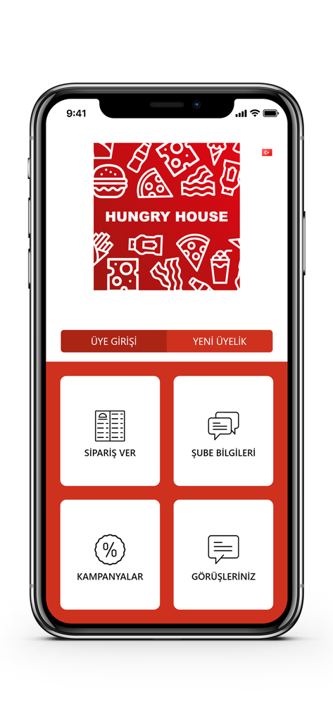 Hungry House - Hungry House mobile app home screen showing Turkish menu options for ordering and rewards
