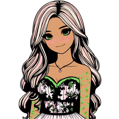 realistic girl with long hair and pretty prom dress