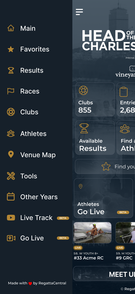 Sidebar navigation menu and main dashboard of the Head Of The Charles Regatta app showing race results and statistics