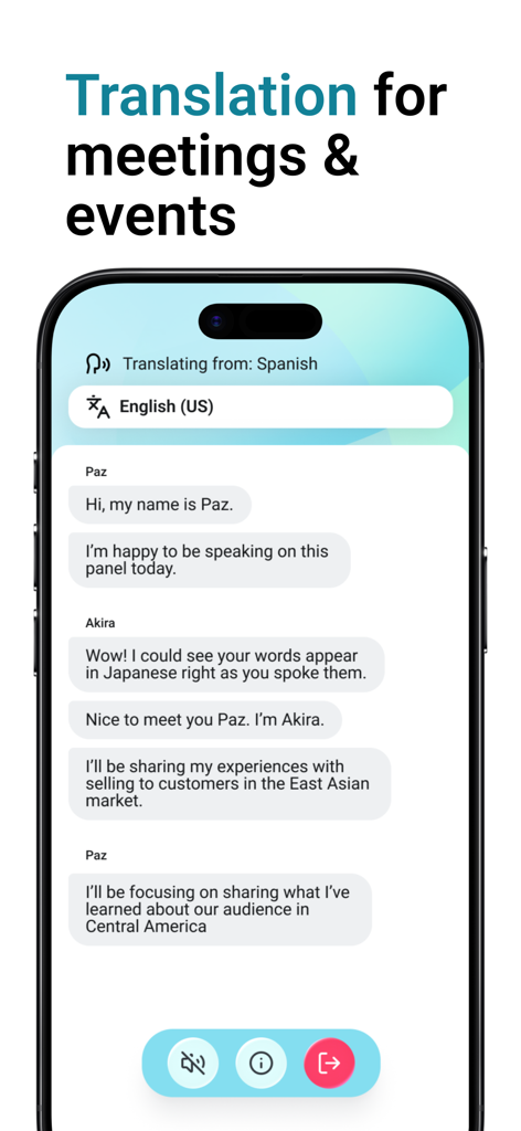 Wordly Translation - Pantalla de smartphone mostrando la aplicación Wordly Translation con subtítulos en vivo durante una reunión de negocios.