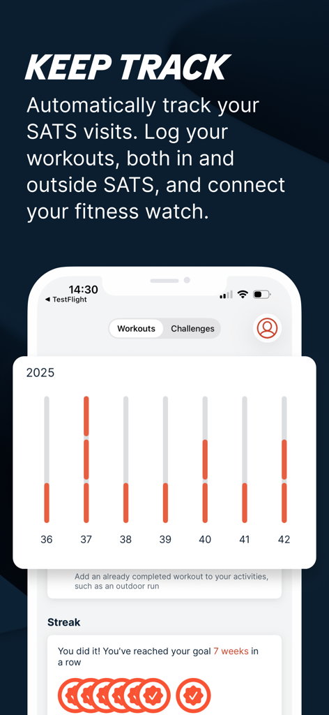 SATS app interface showing a weekly workout bar chart and a seven-week goal streak achievement