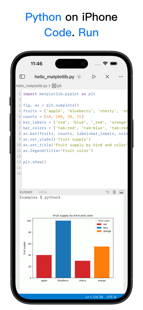 Python3IDE - Screenshot of Python3IDE app on iPhone showing Python code using matplotlib to generate a color-coded bar chart.