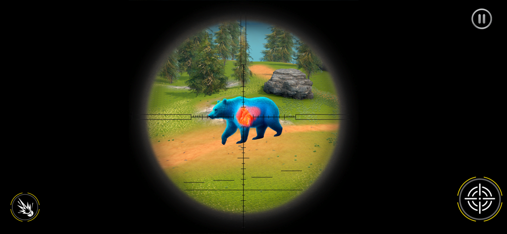 Sniper Hunting Games 2026 - Sniper scope view targeting a bear with vital organs highlighted in a hunting simulator