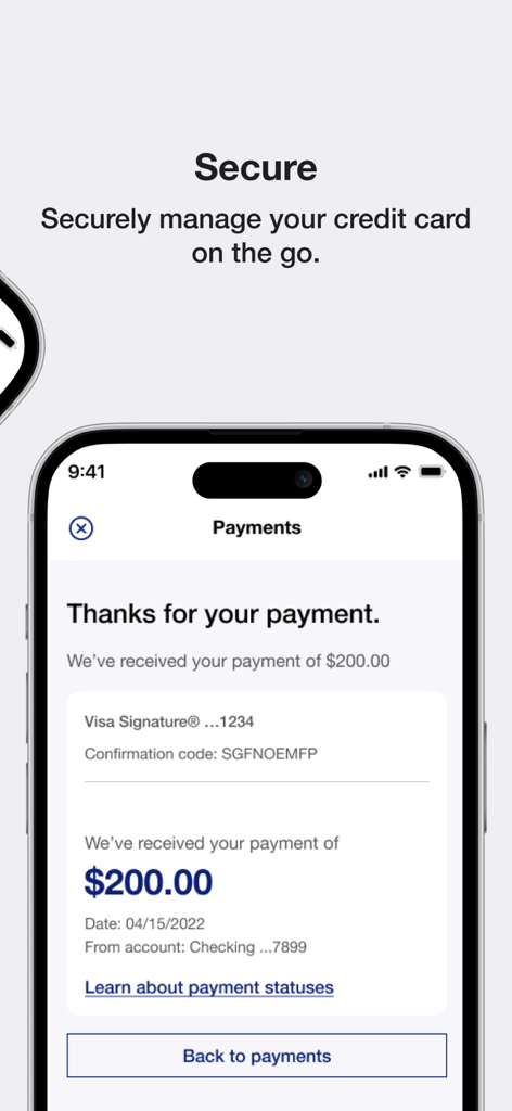 Elan Credit Card - Schermata dell'app mobile che mostra la conferma di un pagamento di carta di credito riuscito di duecento dollari.