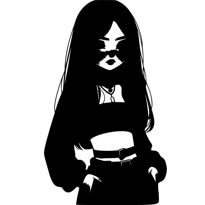 a girl with long black hair wearing a crop top and baggy pants. realistic girl.