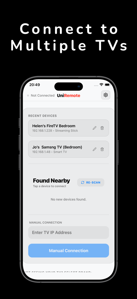 TV Remote Controller: Touchpad - Interface of the UniRemote app showing options to connect and manage multiple smart TVs
