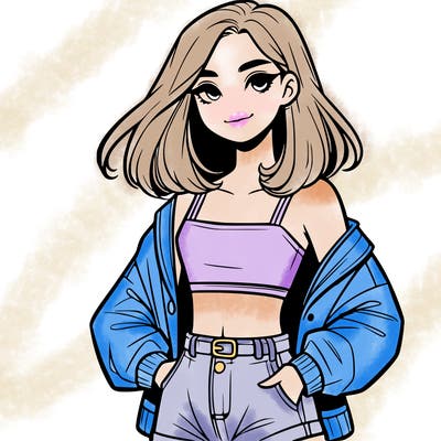 a realistic girl with a crop top and short shorts in an open jacket