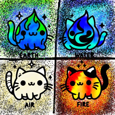 4 cats that represent the different elements, earth, water, air, and fire
