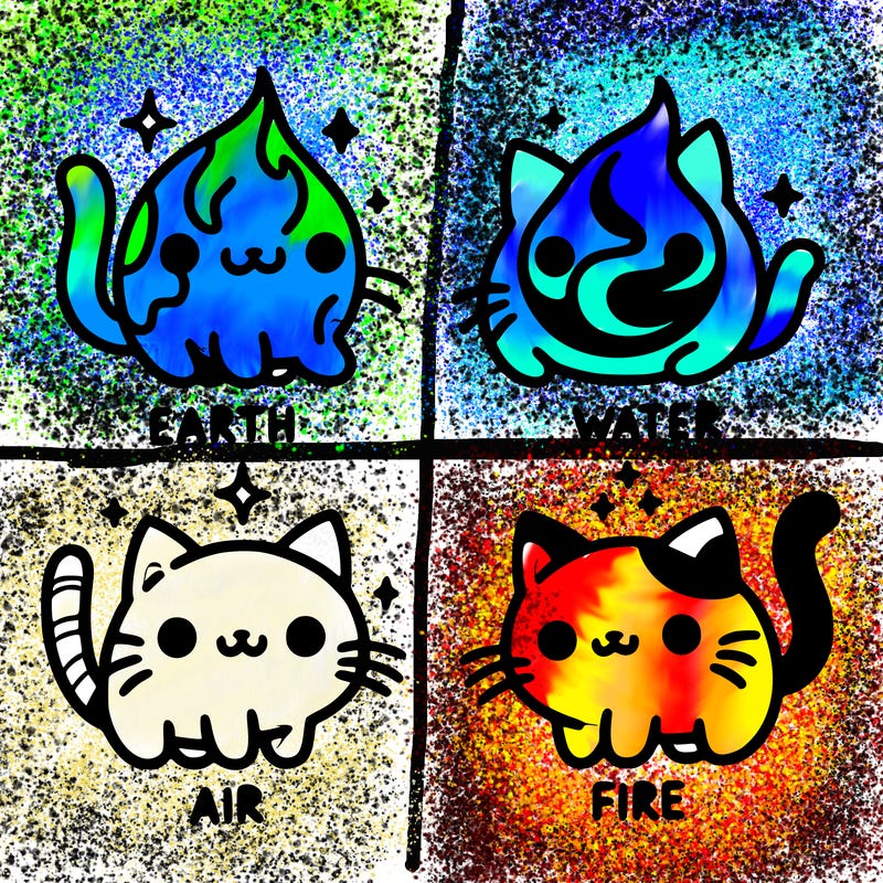 4 cats that represent the different elements, earth, water, air, and fire
