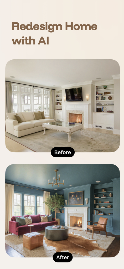 Before and after comparison of a living room redesigned using AI interior design