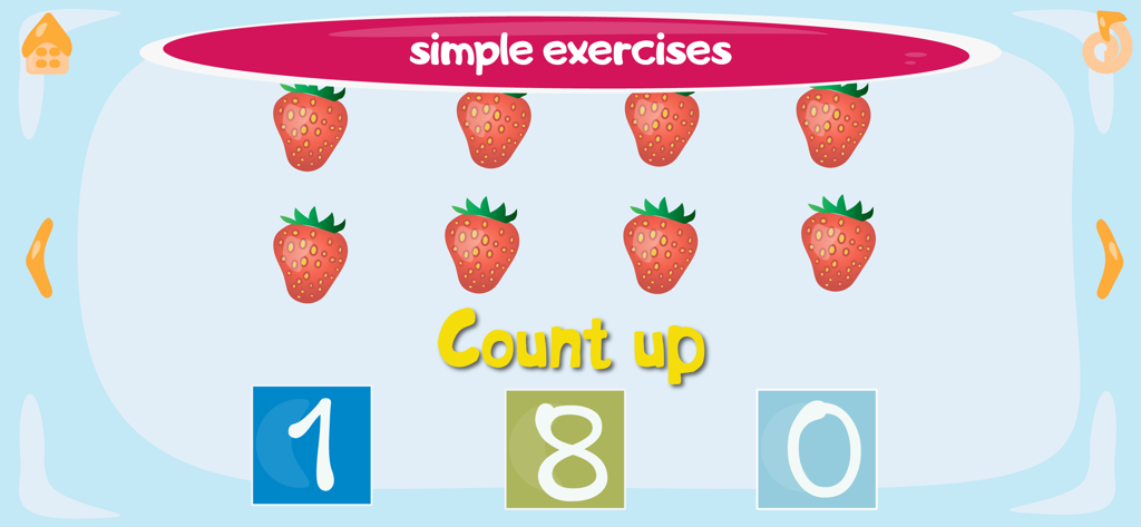 Learning numbers - Kids games - Ejercicio de conteo para niños con ocho fresas y opciones de números