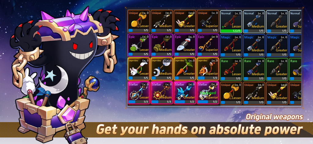 Idle MoonRabbit: AFK RPG - Weapon collection and inventory screen in Idle MoonRabbit AFK RPG showing different rarity tiers