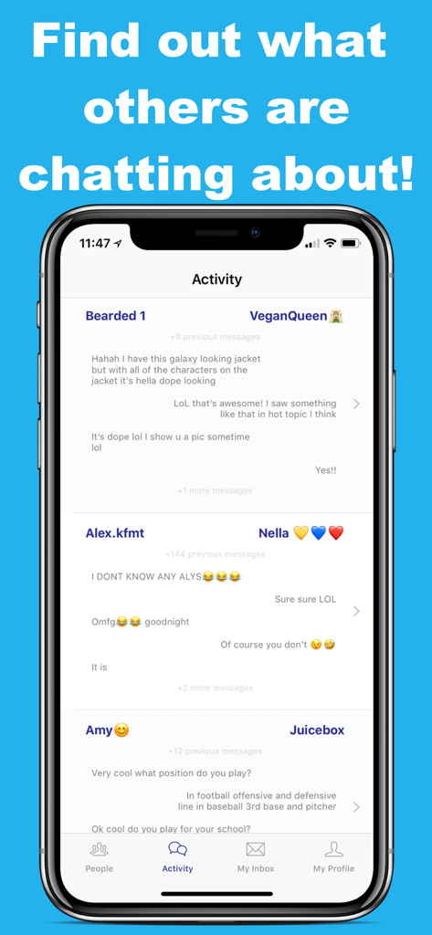 Bored Chat app interface showing a feed of public chat conversations between various users