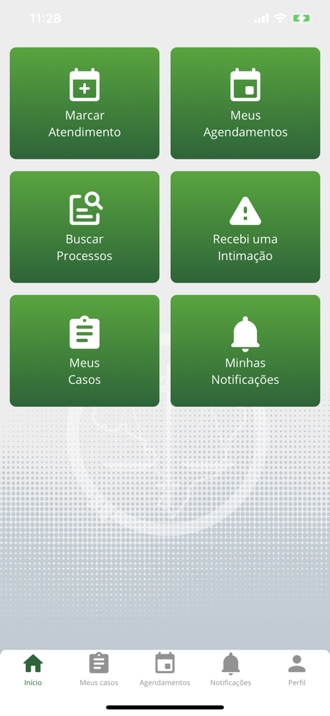 Defensoria RJ - Main menu screen of the Defensoria RJ app showing options for scheduling appointments and tracking legal cases