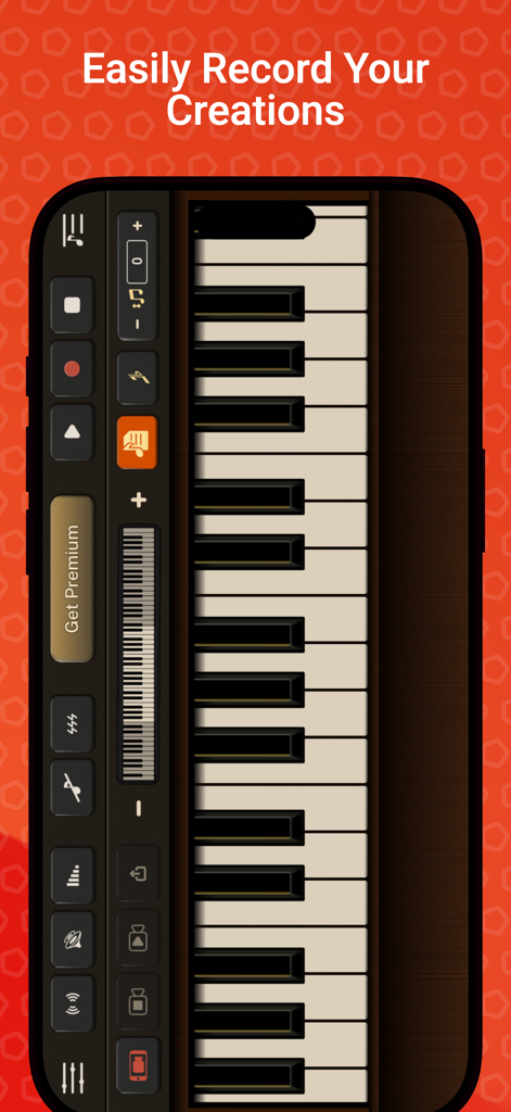 Smartphone screen showing Piano Sim app with a piano keyboard and recording controls