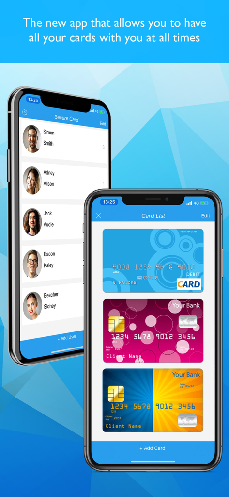 Secure Card app interface showing a list of users and a digital wallet with multiple credit cards