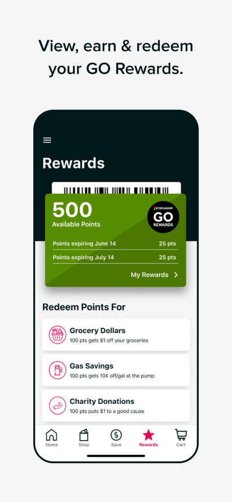 Stop & Shop - Stop and Shop app rewards screen showing available points and options to redeem for grocery and gas savings