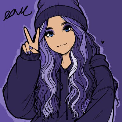 a teenage girl in a beanie, oversized sweatshirt, wavy long hair, and is showing a ✌️