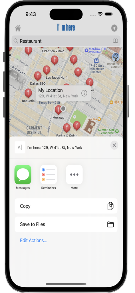 La aplicación I'm here muestra un menú para compartir ubicación sobre un mapa de la ciudad de Nueva York